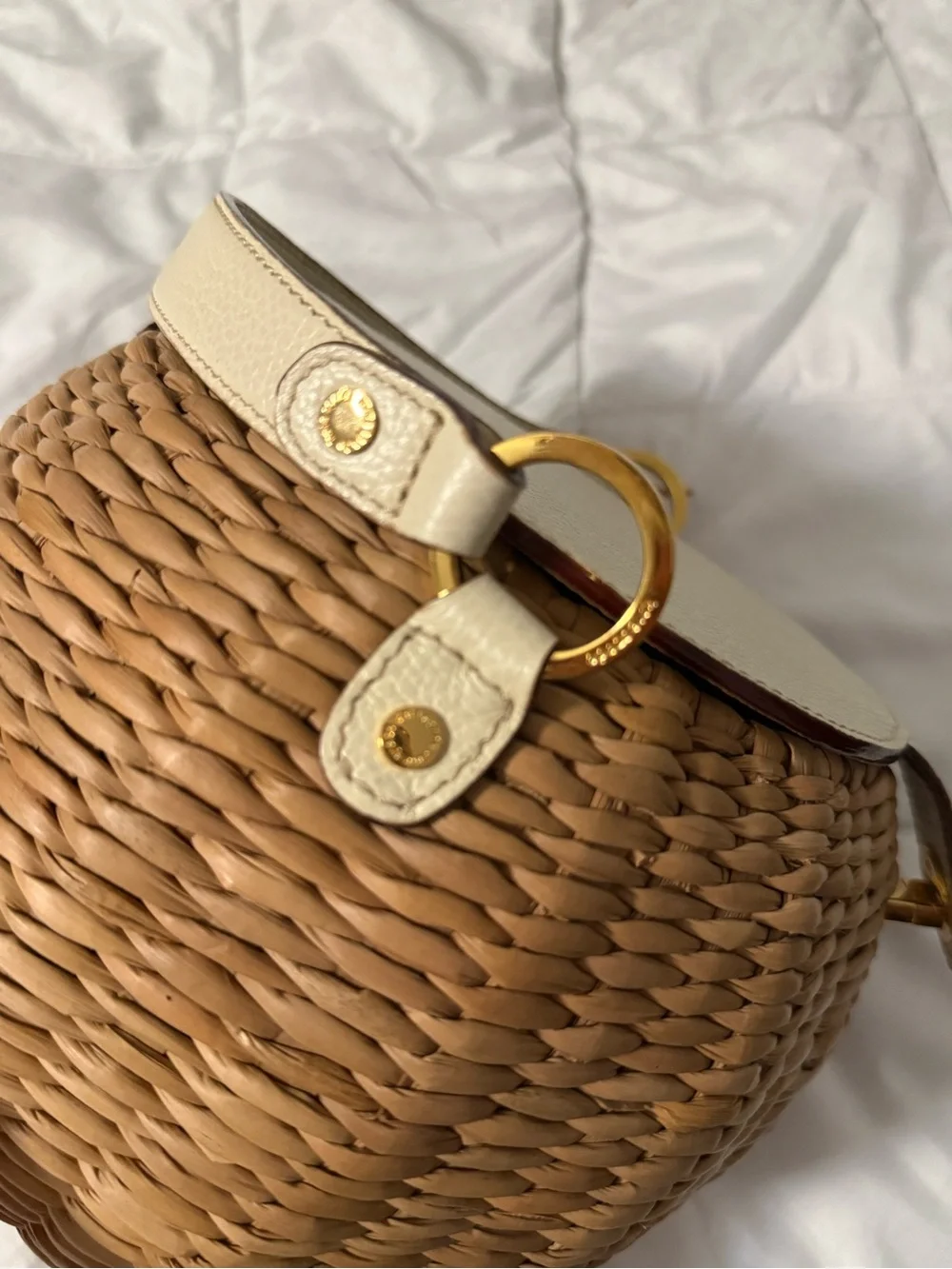 Kate Spade Woven Round Satchel in Tan and Cream with Gold Hardware - like new!